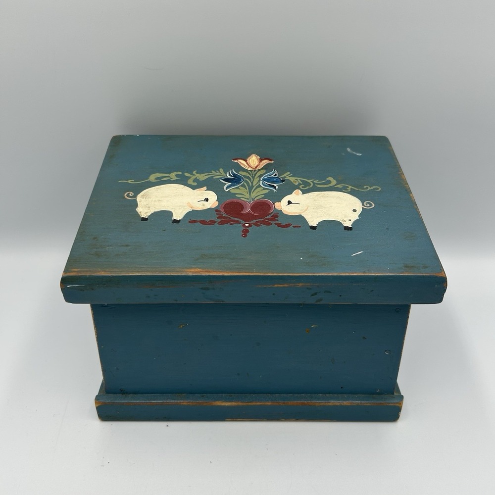 Vintage Wooden Recipe Hinged File Box Kitchen Farmhouse Cottagecore Pigs